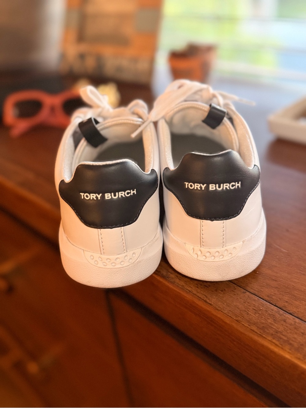 Tory Burch White Leather Sneakers with Black Heel Accent - Picture 5 of 10